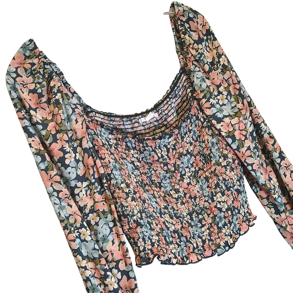 O'Neill Womens XXL Smocked Floral Crop Top M‎ Long Puff Sleeve Boho Cottagecore